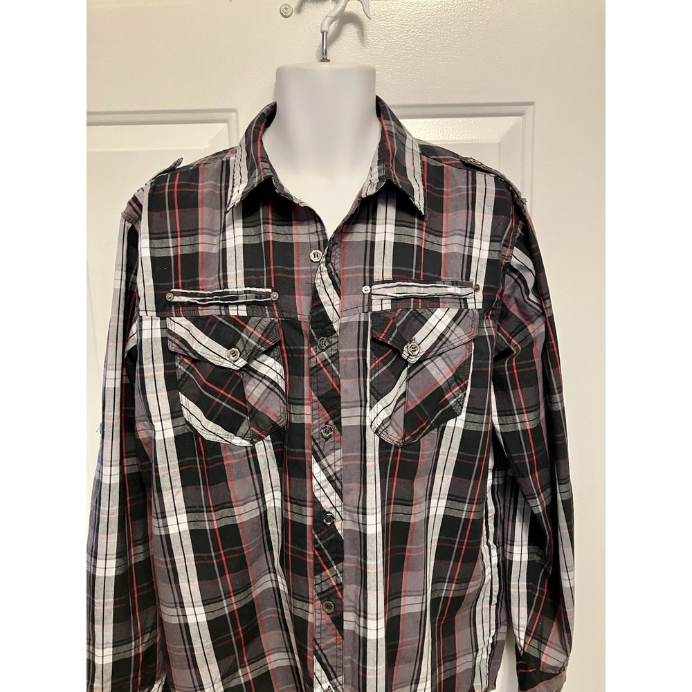 Smoke Rise Large Plaid Shirt Black Gray Red Roll Tab Western Urban Men’s‎